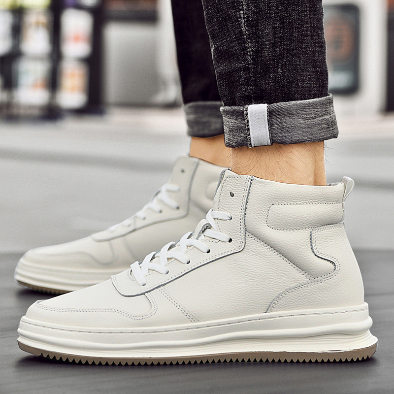 Men's Soft-Soled Fleece-Lined Warm Cowhide High-Top Casual Shoes White